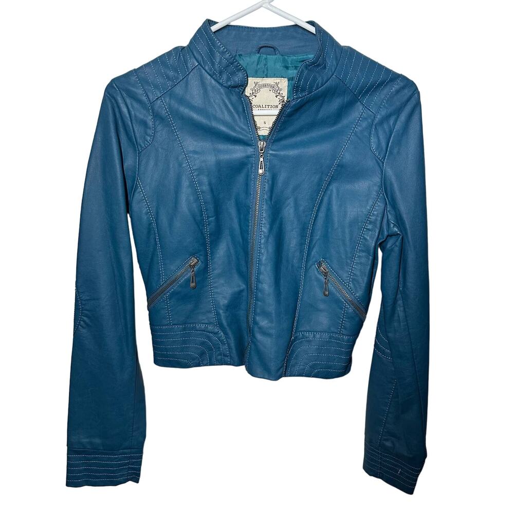 Downtown Coalition Blue Faux Leather Jacket Size Small